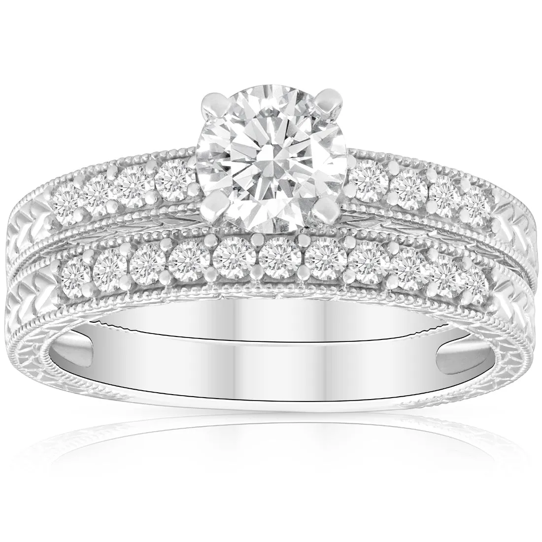 1 1/2ct Diamond Engagement Ring & Matching Vintage Wedding Band Set White Gold