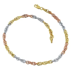 10KT Gold Tri-Color 10-inch Double Cable Link Anklet