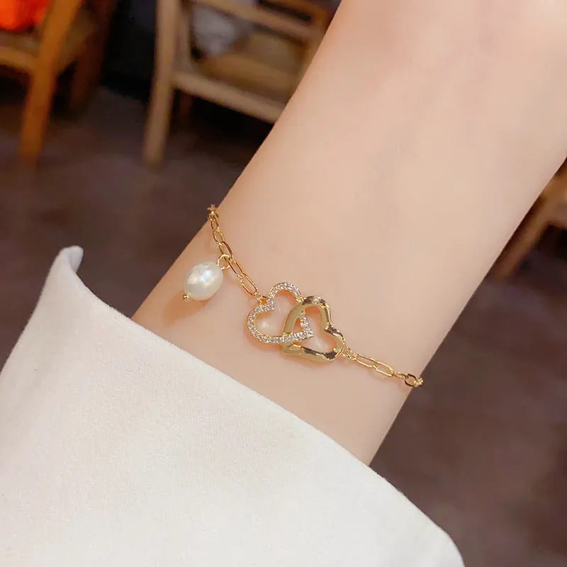 14K Gold-plated Exquisite Double Love Heart Pearl Bracelets