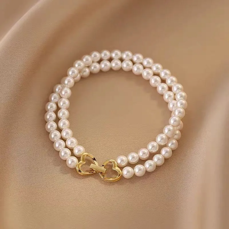 14K Gold-plated Exquisite Heart-Design Double-Layer Pearl Bracelets