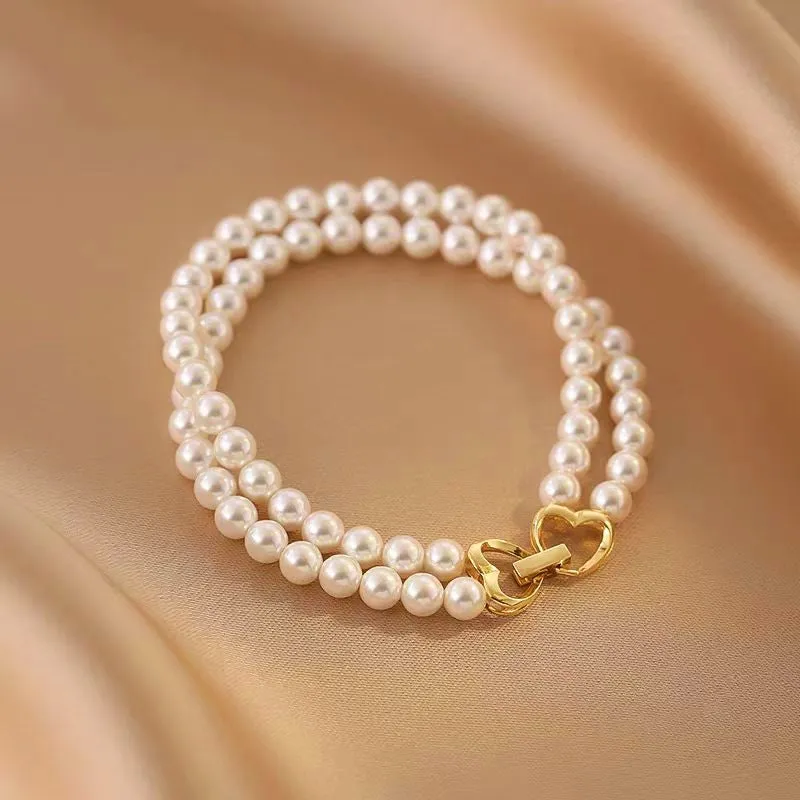 14K Gold-plated Exquisite Heart-Design Double-Layer Pearl Bracelets