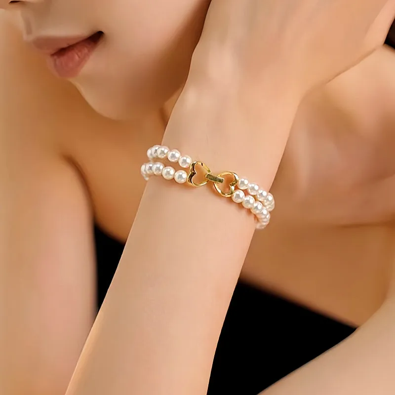 14K Gold-plated Exquisite Heart-Design Double-Layer Pearl Bracelets