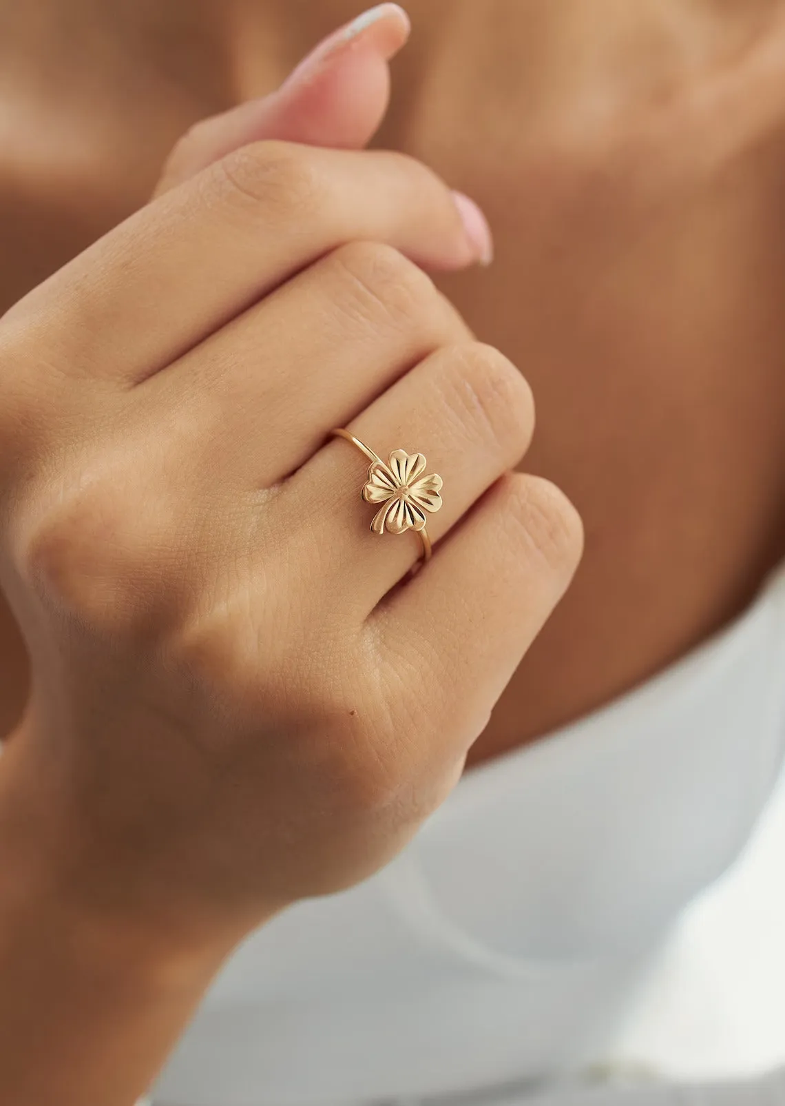 14k Gold Vermeil Four Leaf Clover Ring - Luck Charm Ring- Symbolic Flower Ring