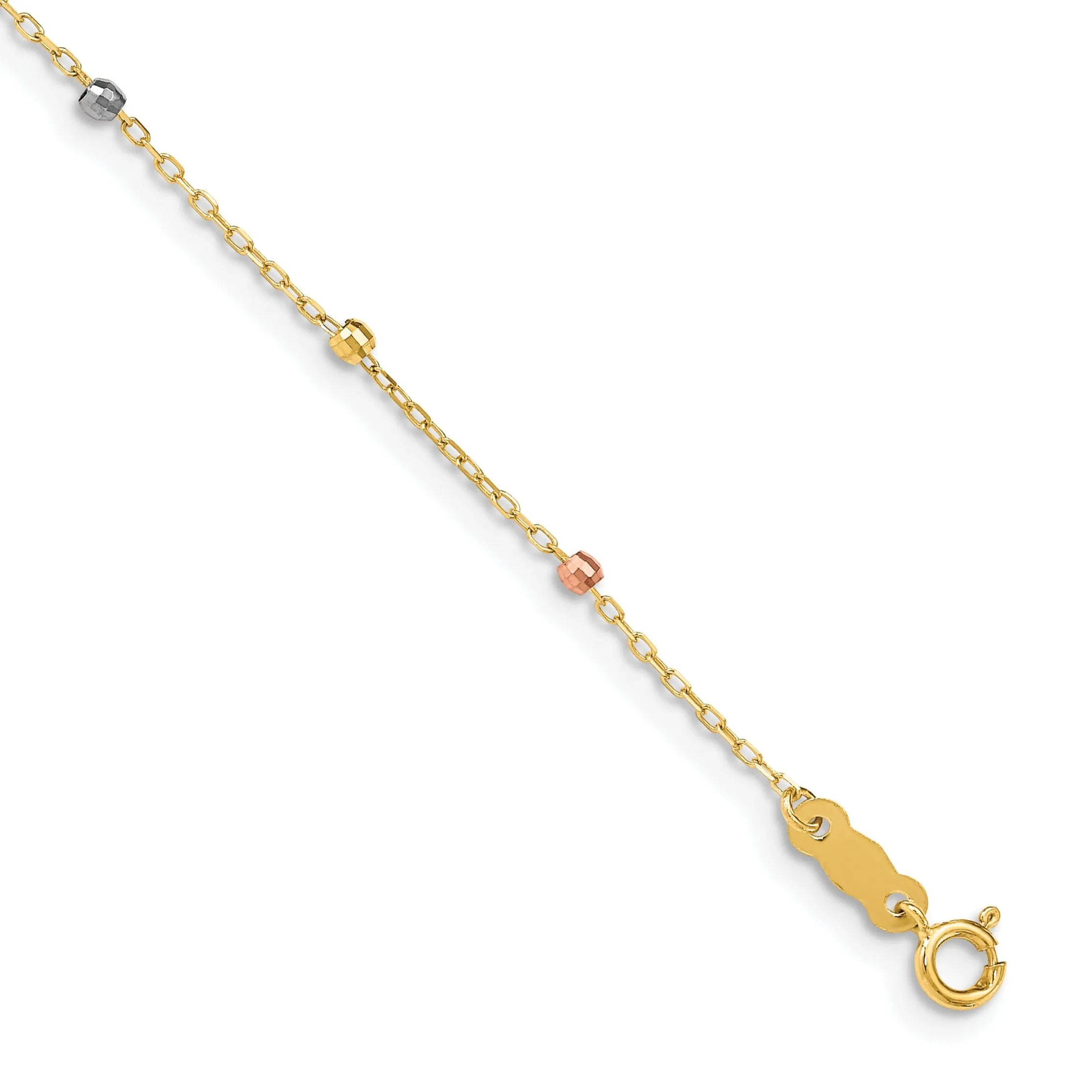 14K tri-colored gold bracelet beaded design and cross accent. 7-inch