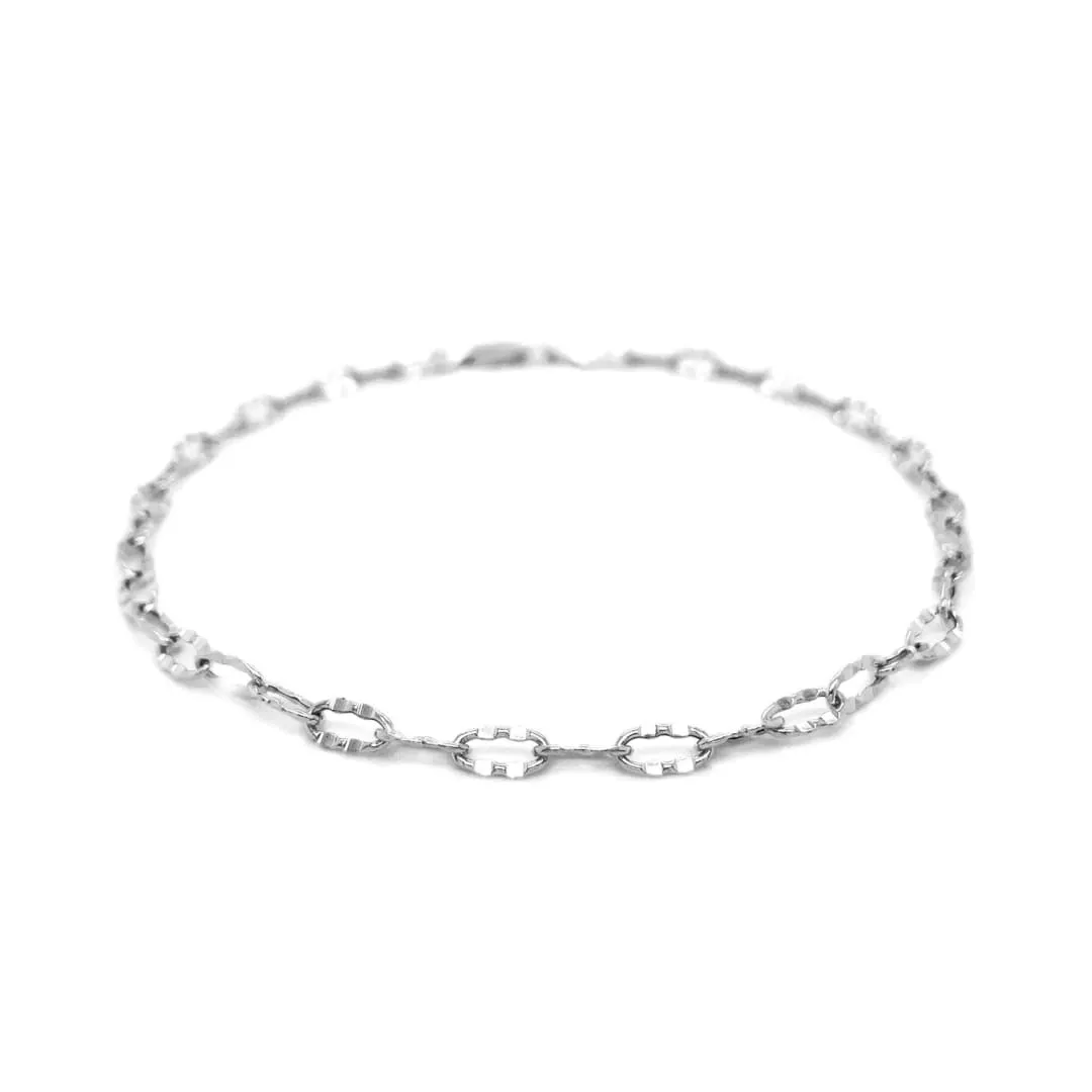 14k White Gold Anklet with Fancy Hammered Oval Links