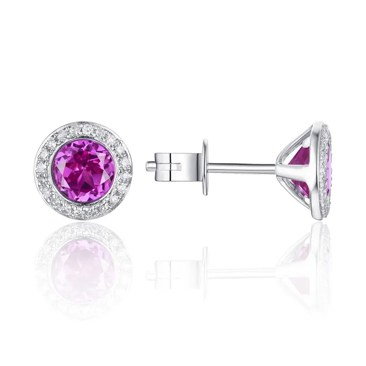 14K White Gold Pink Corundum Halo Earrings