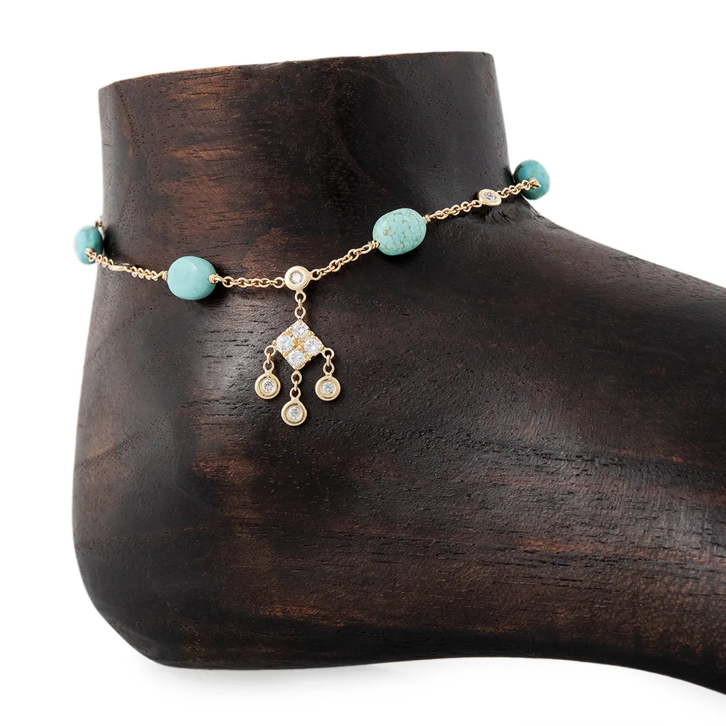 5 TURQUOISE BEAD DIAMOND KITE SHAKER ANKLET