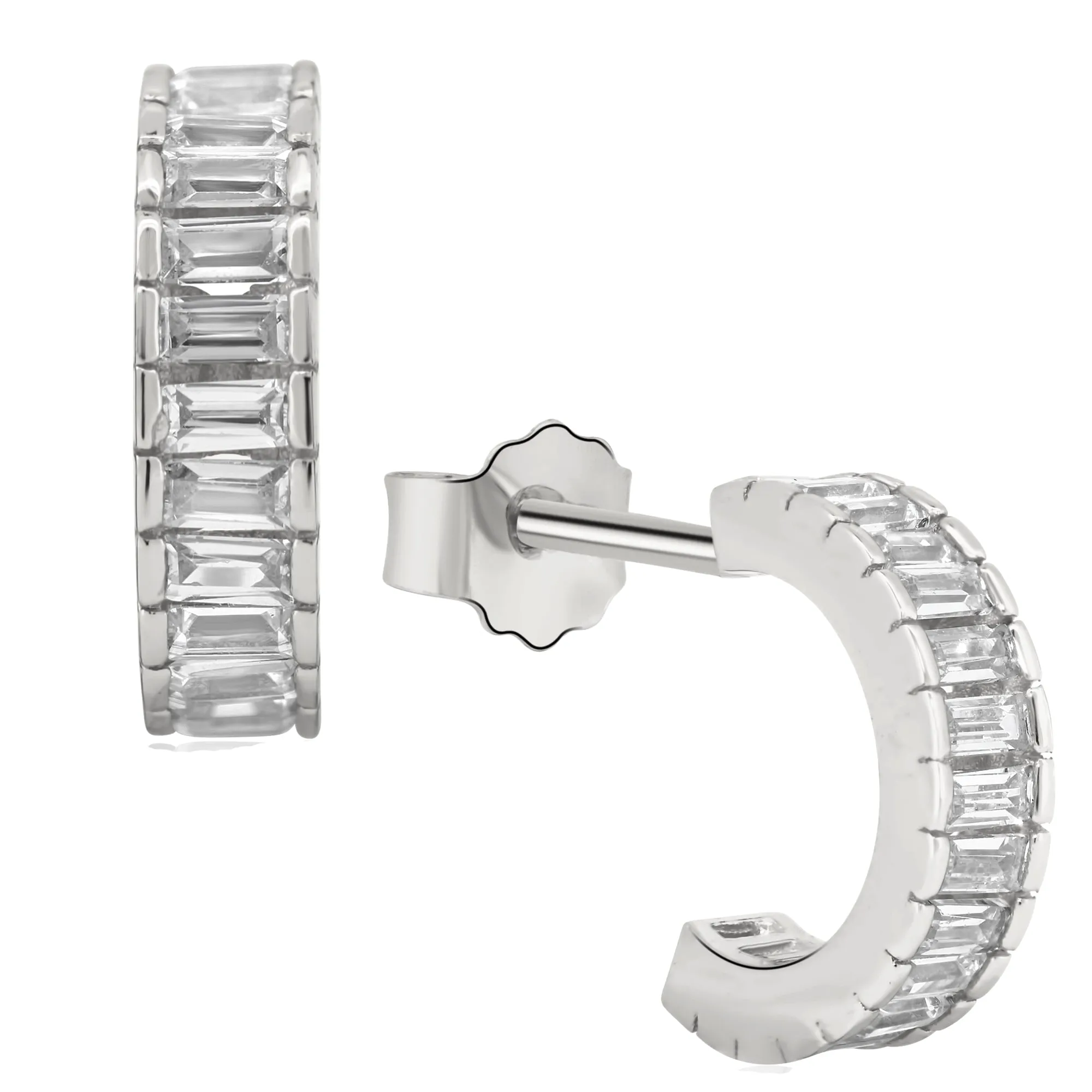 925 Sterling Silver Half Hoop Stud Earrings with Baguette Cubic Zirconia Earring Push Backing