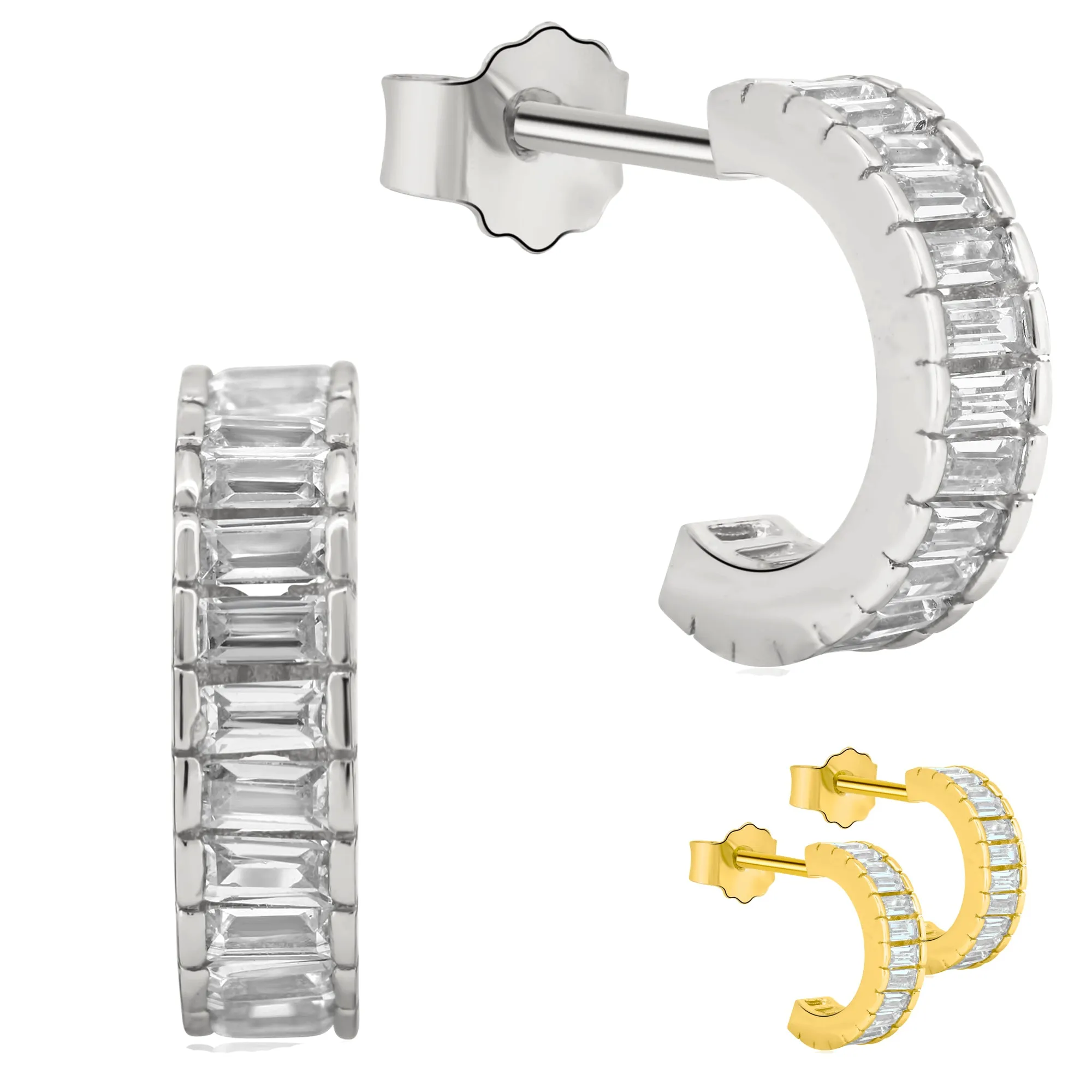 925 Sterling Silver Half Hoop Stud Earrings with Baguette Cubic Zirconia Earring Push Backing