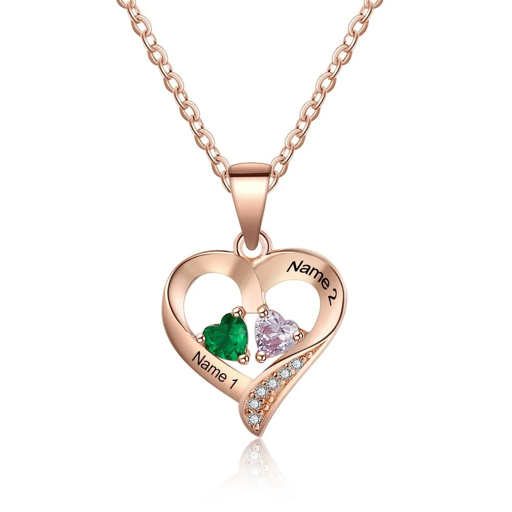 925 Sterling Silver Name Necklace with 2 Birthstones Custom Engraved Heart Pendant