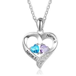 925 Sterling Silver Name Necklace with 2 Birthstones Custom Engraved Heart Pendant