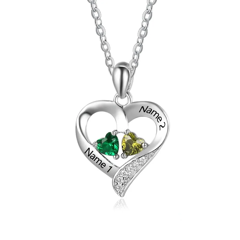 925 Sterling Silver Name Necklace with 2 Birthstones Custom Engraved Heart Pendant