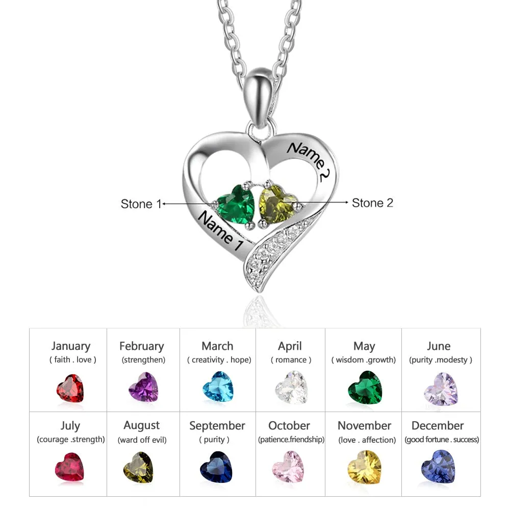 925 Sterling Silver Name Necklace with 2 Birthstones Custom Engraved Heart Pendant