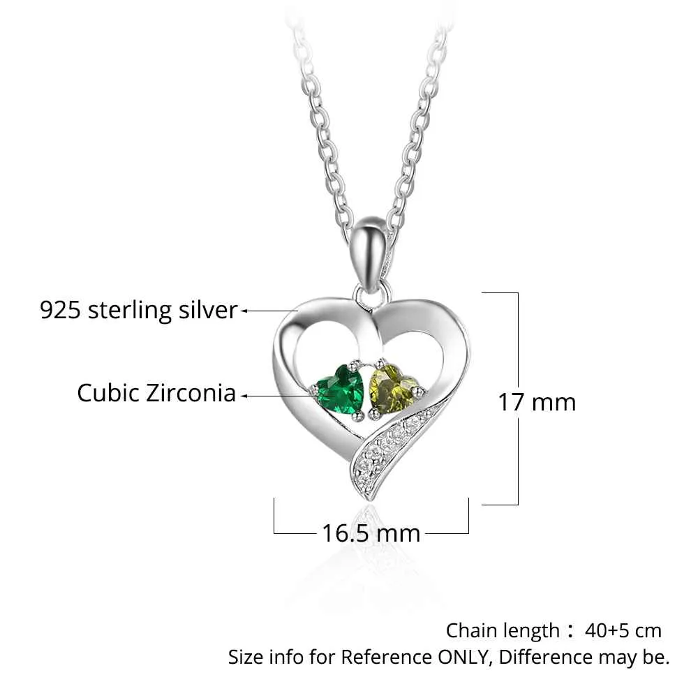 925 Sterling Silver Name Necklace with 2 Birthstones Custom Engraved Heart Pendant