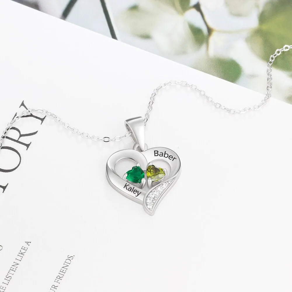 925 Sterling Silver Name Necklace with 2 Birthstones Custom Engraved Heart Pendant