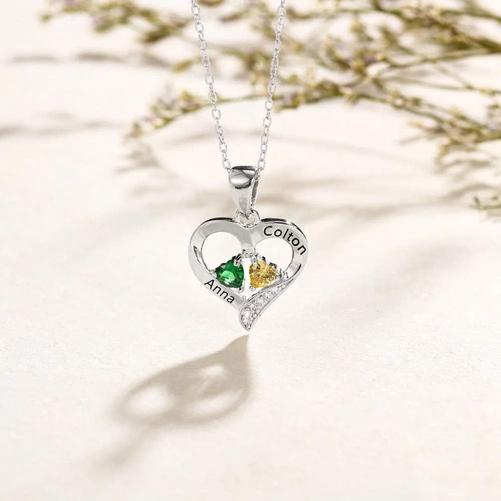 925 Sterling Silver Name Necklace with 2 Birthstones Custom Engraved Heart Pendant