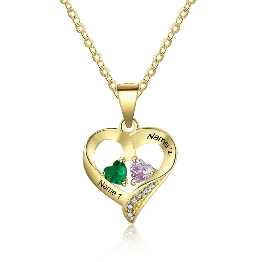 925 Sterling Silver Name Necklace with 2 Birthstones Custom Engraved Heart Pendant