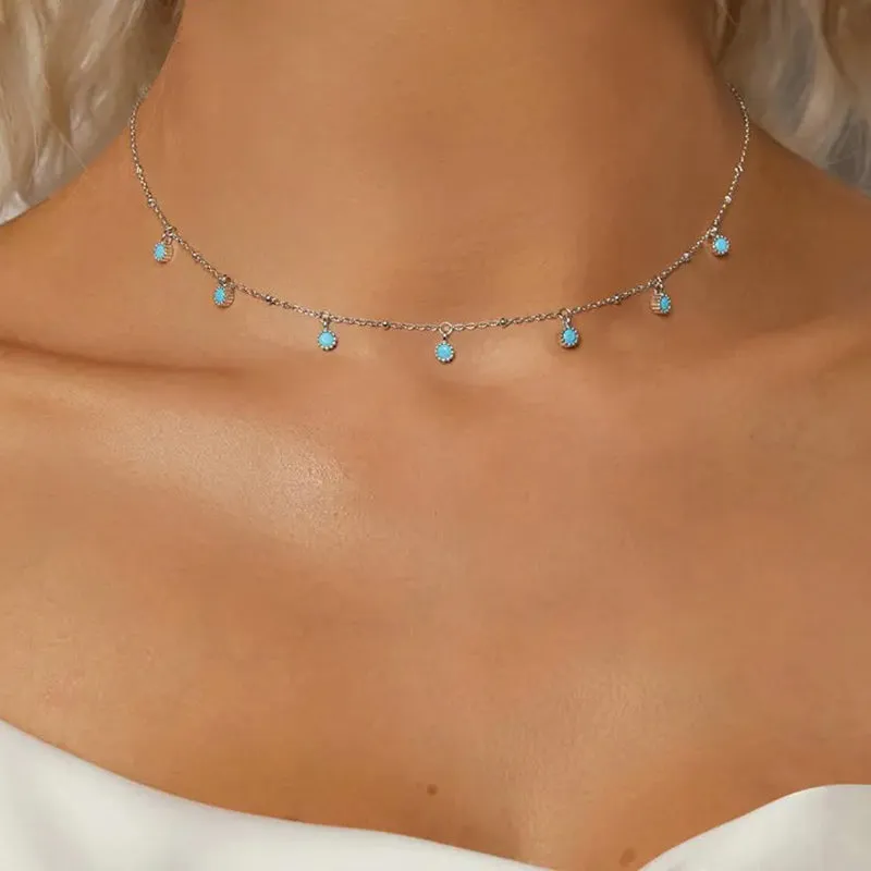 925 Sterling Silver Simple Clavicle Chain Chokers Turquoise Bead Necklace for Women Fine Jewelry Gift