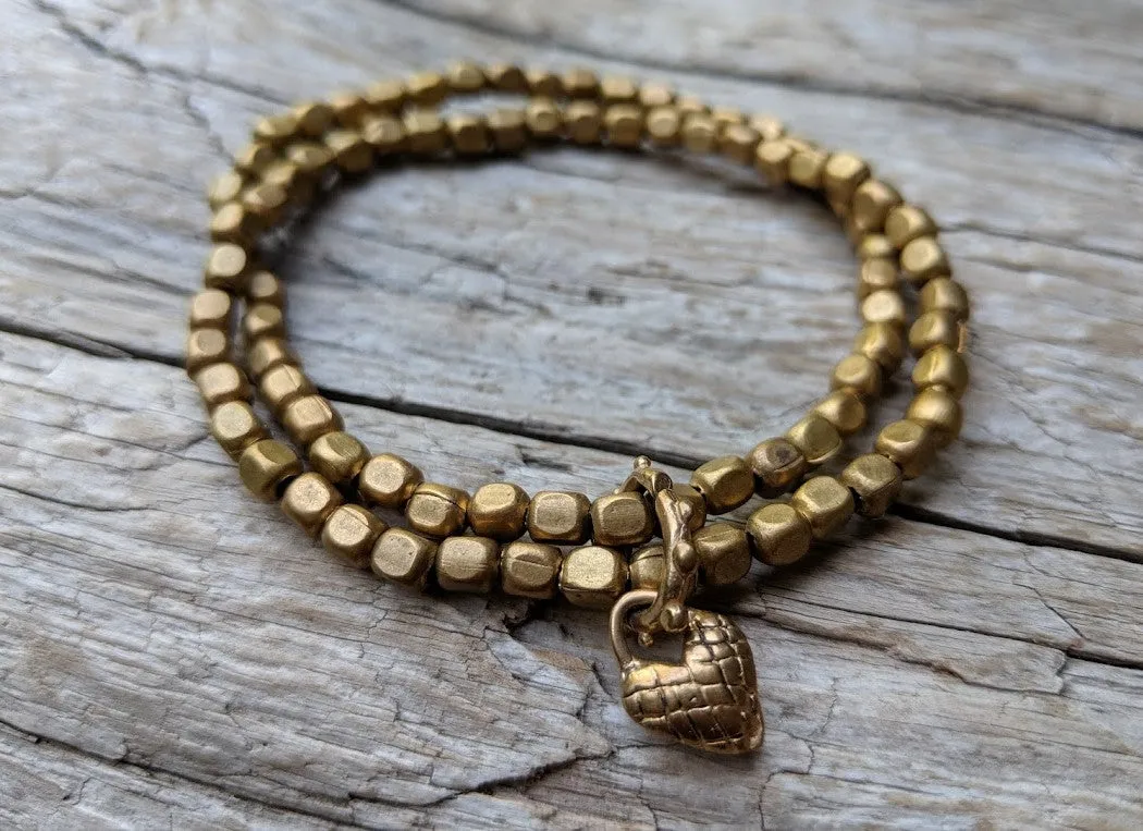 African Brass Elastic Double Bracelet with Heart Charm