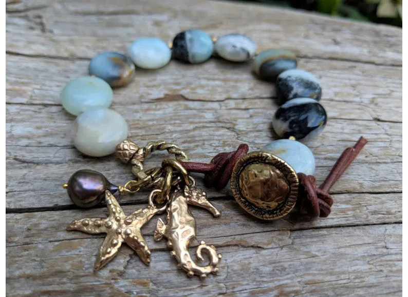 Amazonite Bracelet with Starfish and Seahorse Charms