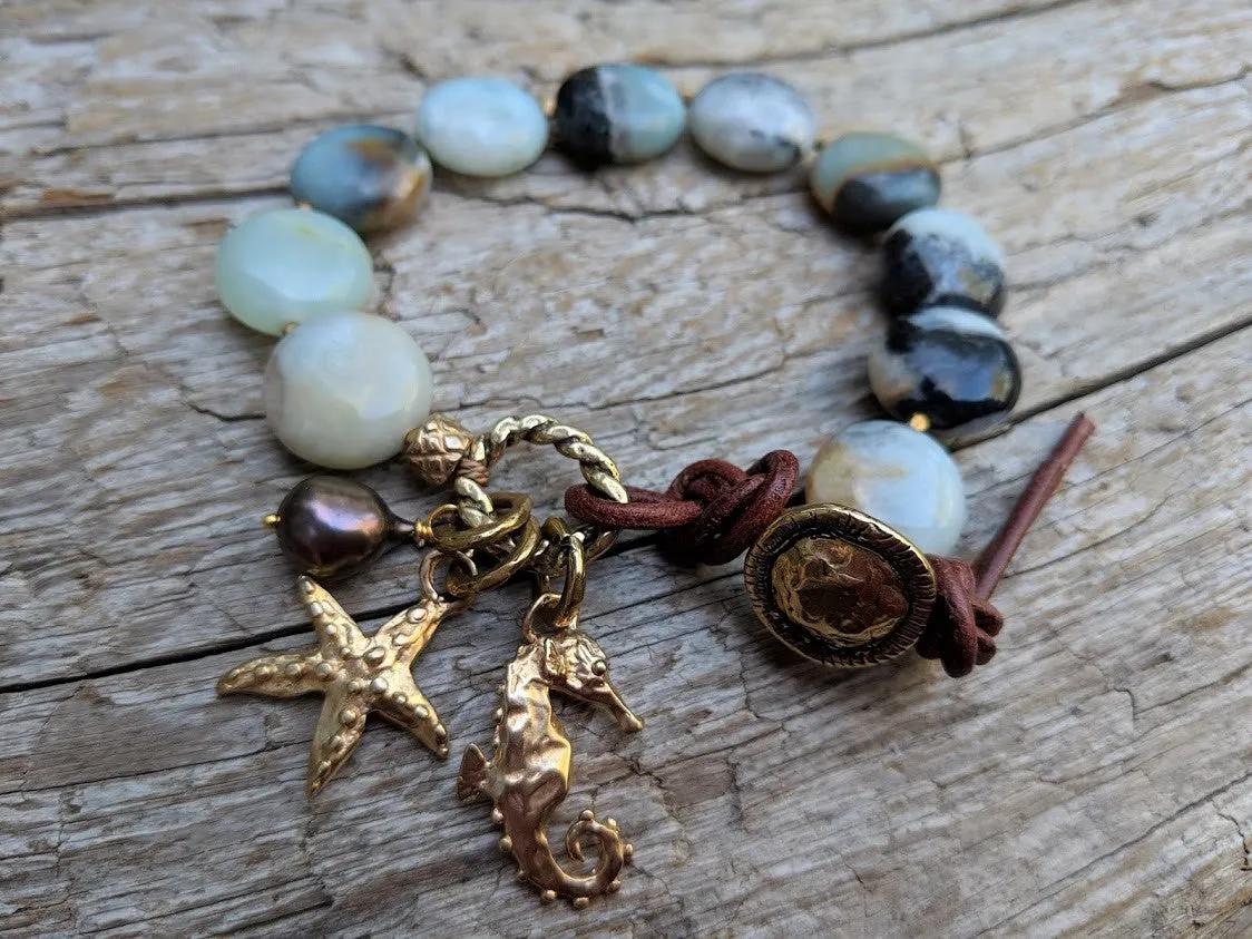 Amazonite Bracelet with Starfish and Seahorse Charms