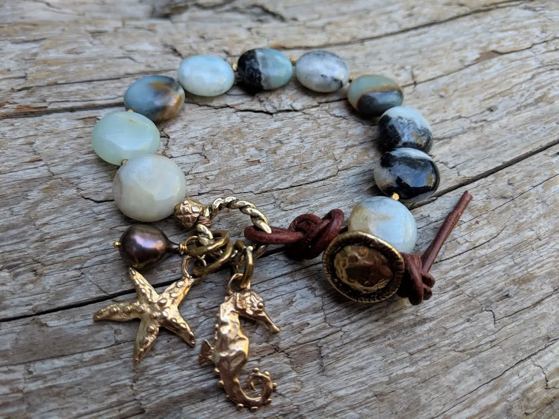 Amazonite Bracelet with Starfish and Seahorse Charms