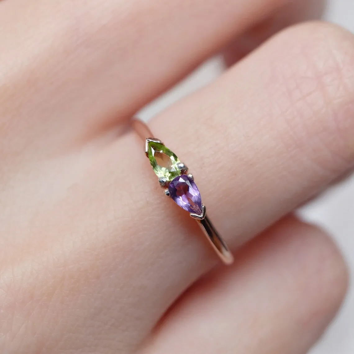 Amethyst And Peridot Dual Birthstone Rings - 14k Rose Gold Vermeil Rings