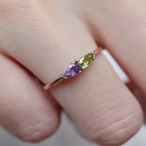 Amethyst And Peridot Dual Birthstone Rings - 14k Rose Gold Vermeil Rings