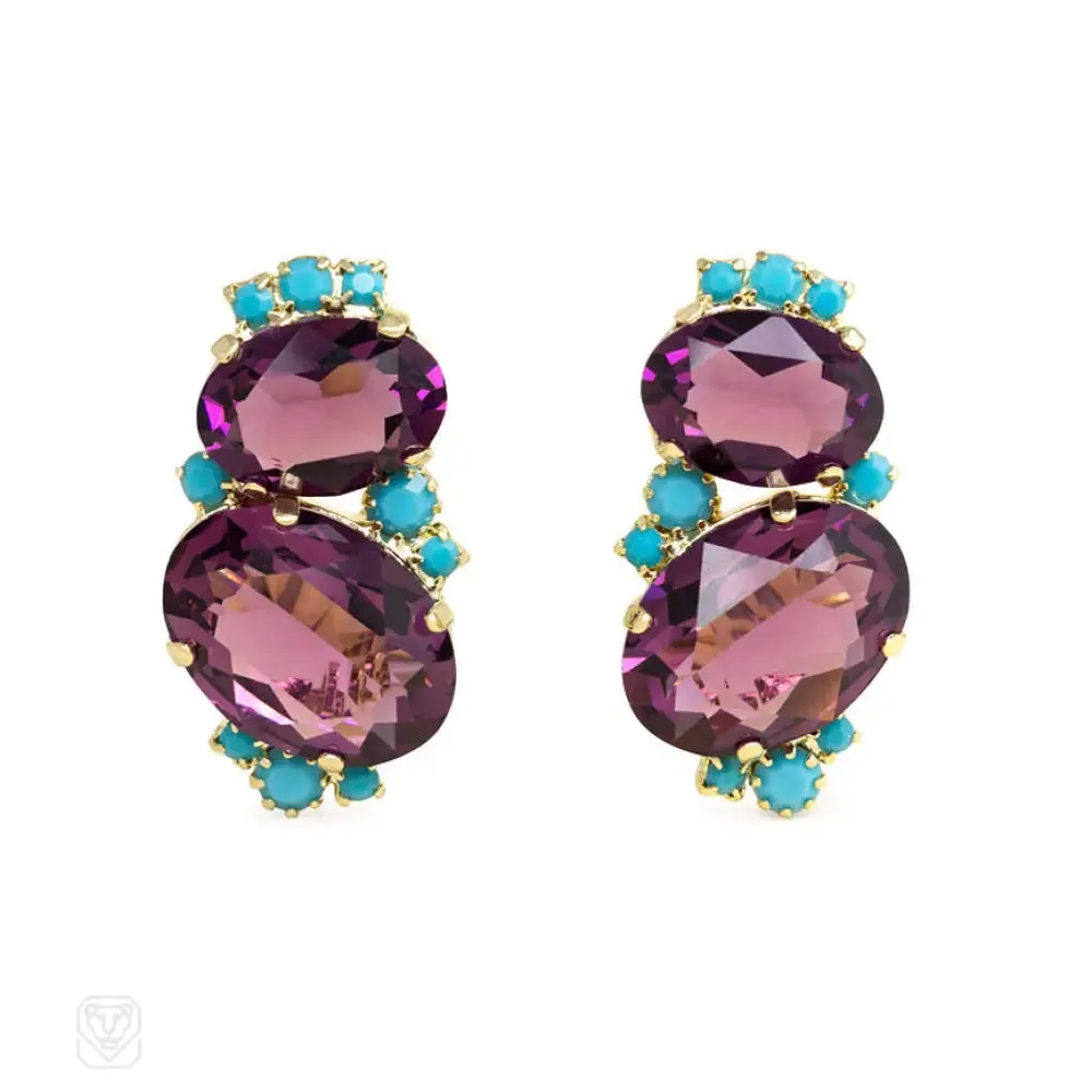 Amethyst and turquoise Swarovski crystal earclips