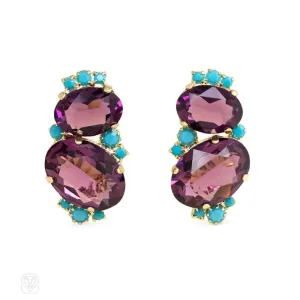 Amethyst and turquoise Swarovski crystal earclips