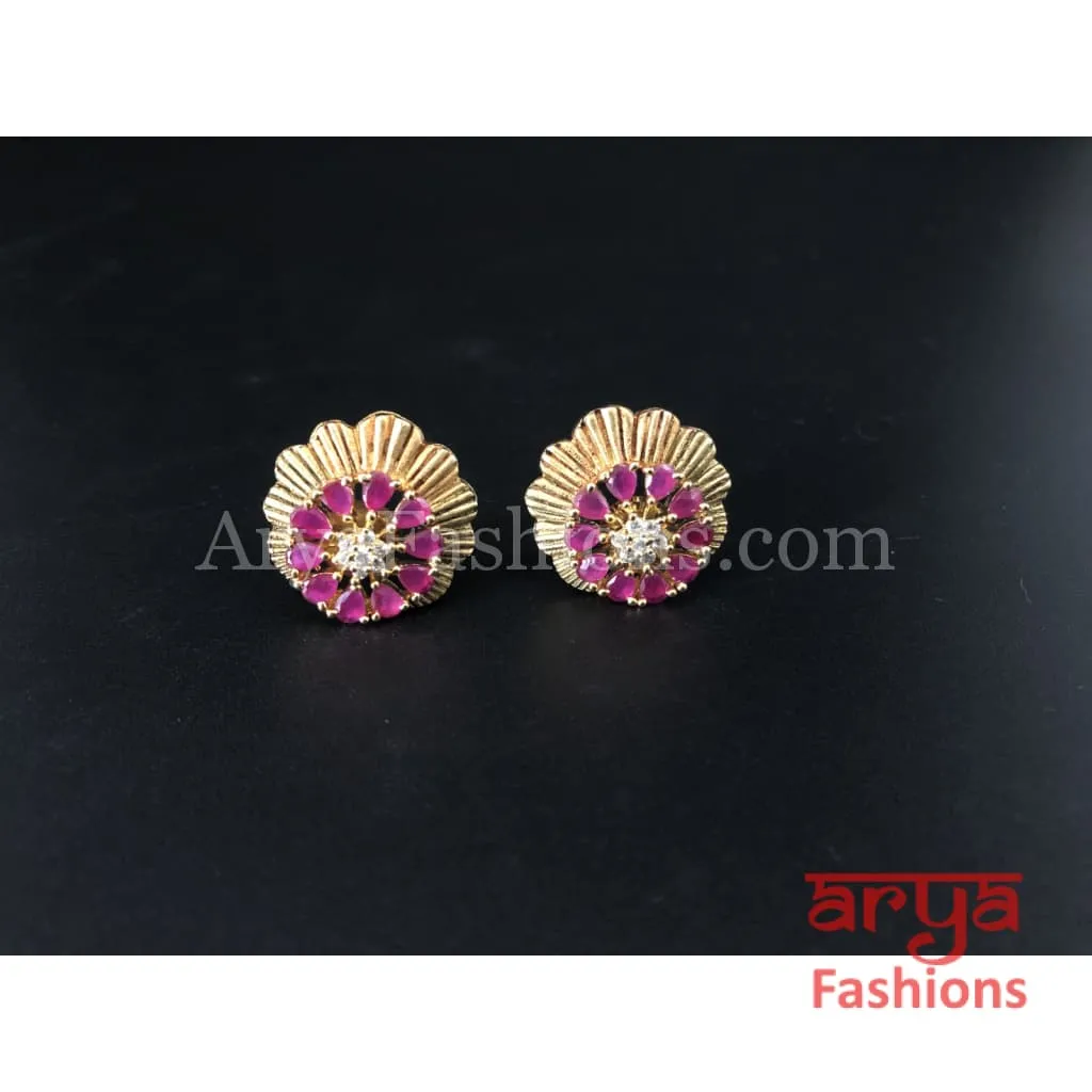 Antique Gold Traditional Studs with Pink Stones