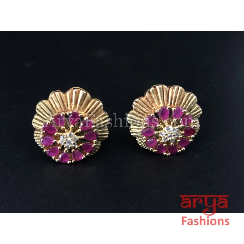 Antique Gold Traditional Studs with Pink Stones