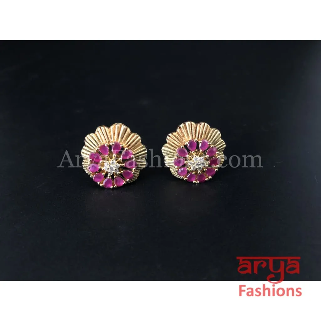 Antique Gold Traditional Studs with Pink Stones