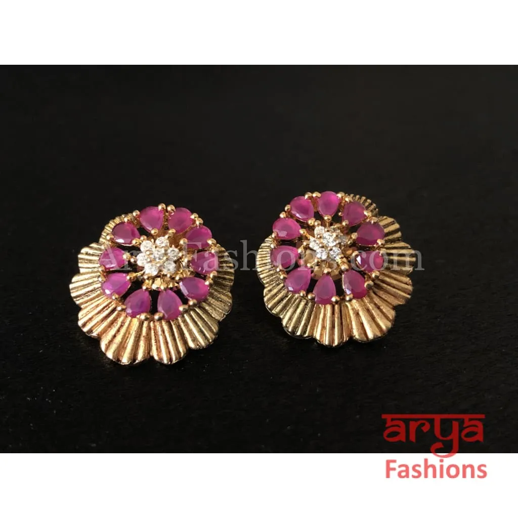 Antique Gold Traditional Studs with Pink Stones