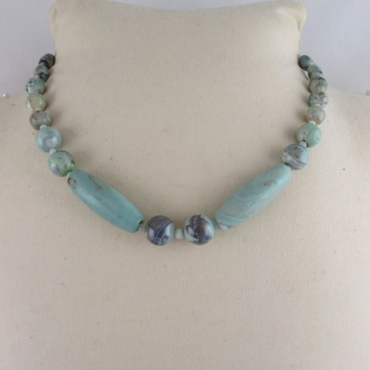 Aqua Fire Agate Gemstone Beaded Necklace