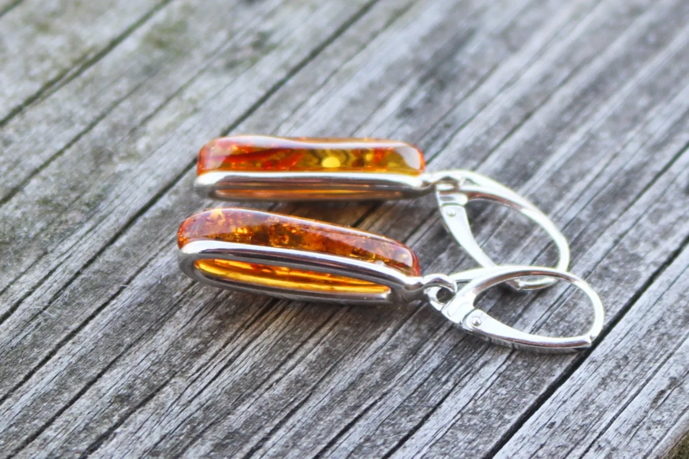 Baltic Amber Earrings Honey Oval Sparkling Natural Jewelry 1.72" 5.8 gram 925 silver