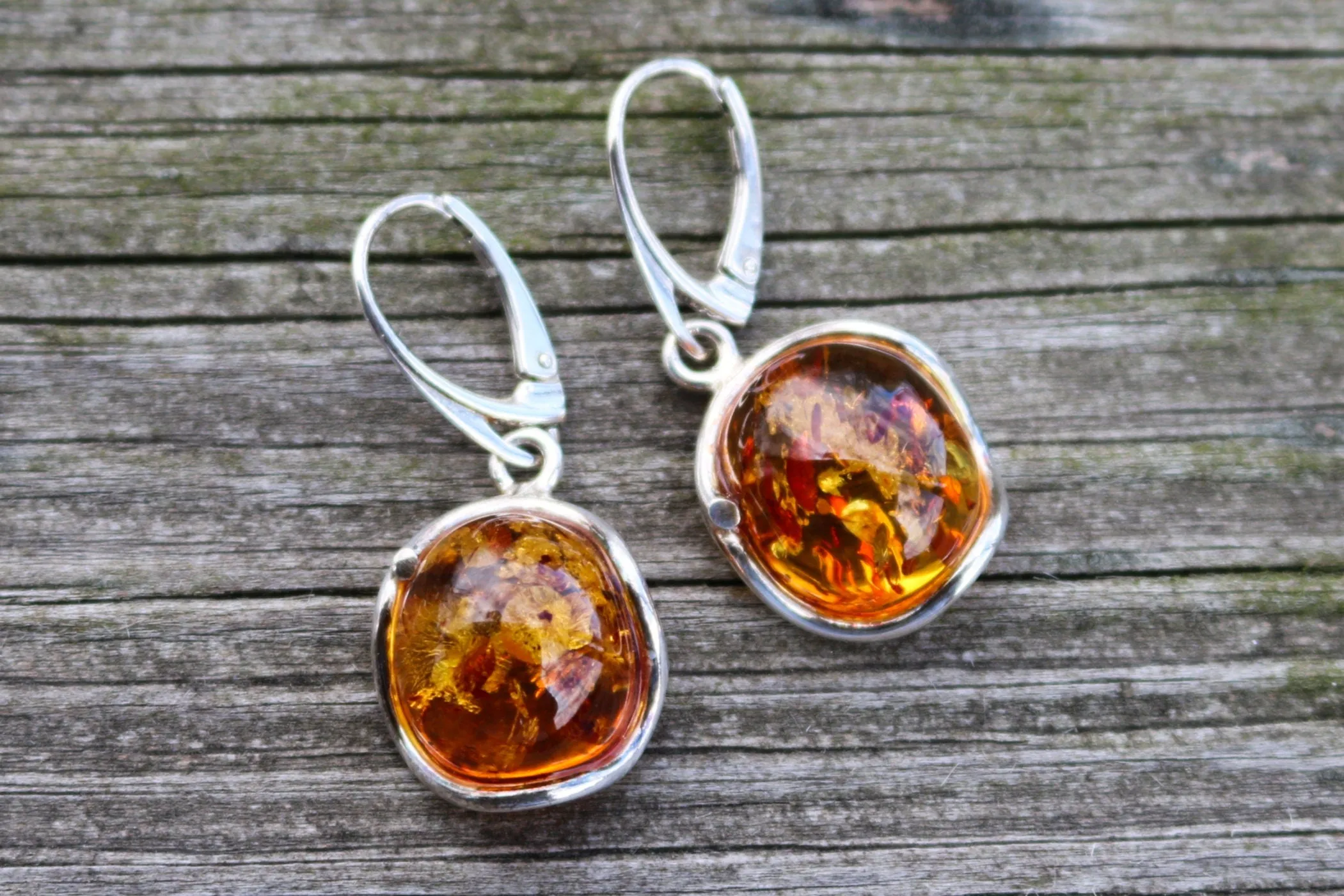 Baltic Amber Earrings Honey Sparkling Natural Jewelry 1.55" 7 gram 925 silver