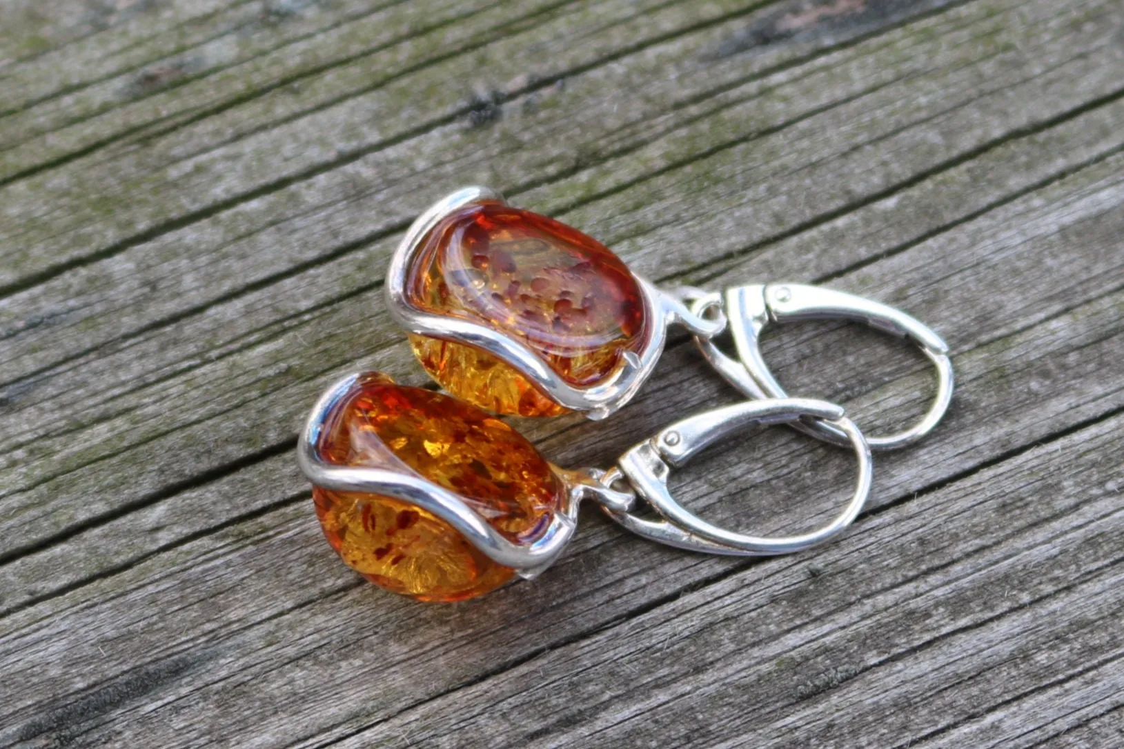 Baltic Amber Earrings Honey Sparkling Natural Jewelry 1.55" 7 gram 925 silver