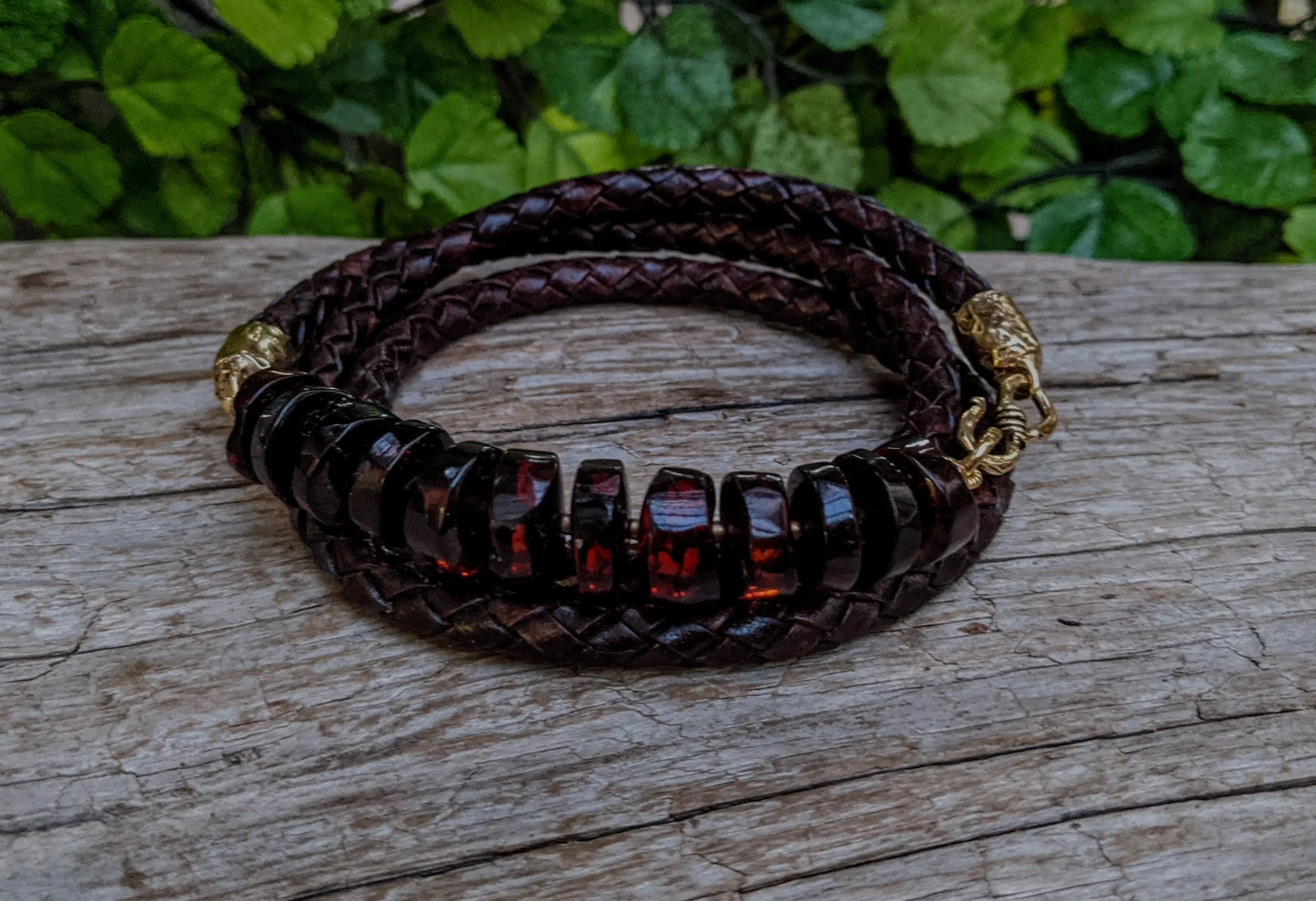 Baltic Amber Leather Wrap Bracelet - Men's/Unisex (dark brown leather)