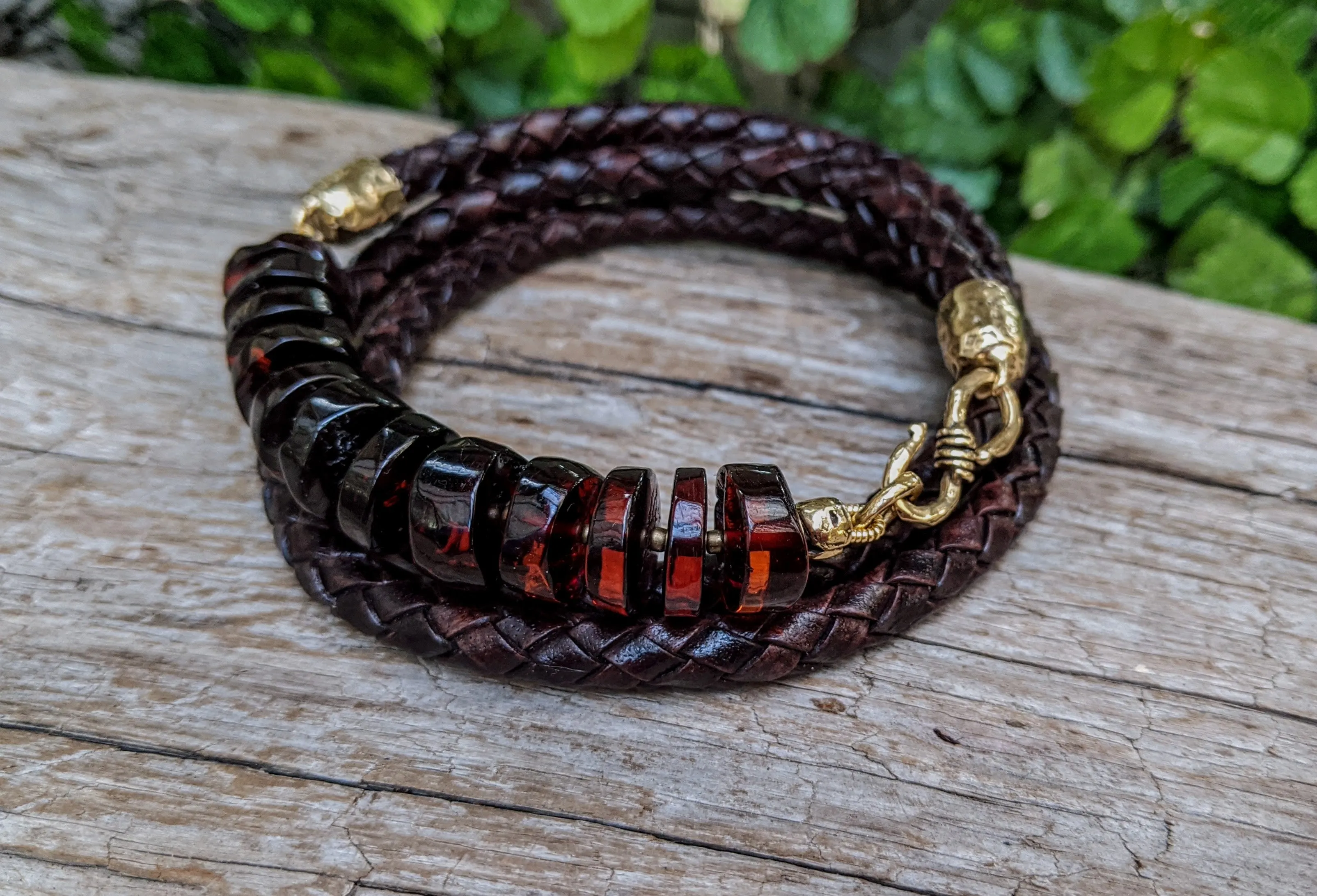 Baltic Amber Leather Wrap Bracelet - Men's/Unisex (dark brown leather)