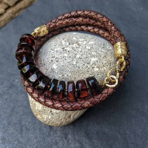 Baltic Amber Leather Wrap Bracelet - Men's/Unisex (light brown leather)