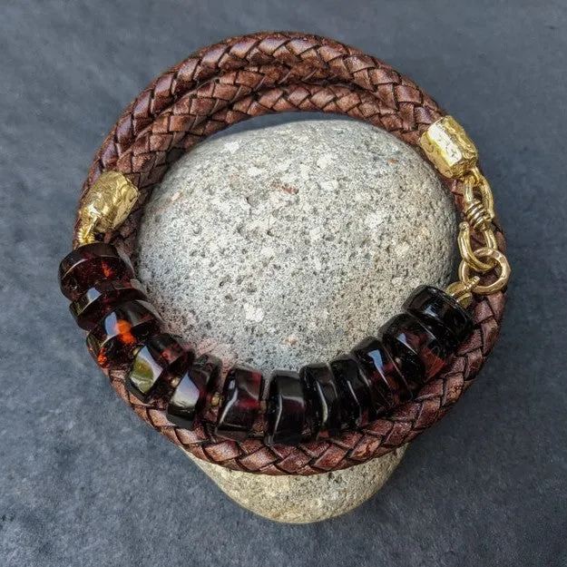 Baltic Amber Leather Wrap Bracelet - Men's/Unisex (light brown leather)