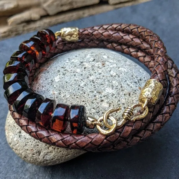 Baltic Amber Leather Wrap Bracelet - Men's/Unisex (light brown leather)