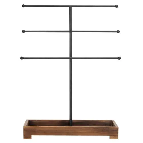 Black Metal Jewelry Stand w/ Brown Wood Ring Tray