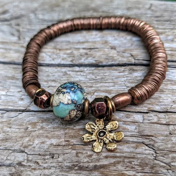 Blue Agate Gemstone, Flower Charm & Antique Copper Elastic Bracelet