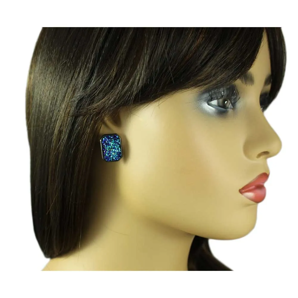 Blue Sparkling Fabric Rectangle Pierced Earring - FE408