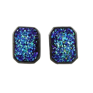 Blue Sparkling Fabric Rectangle Pierced Earring - FE408