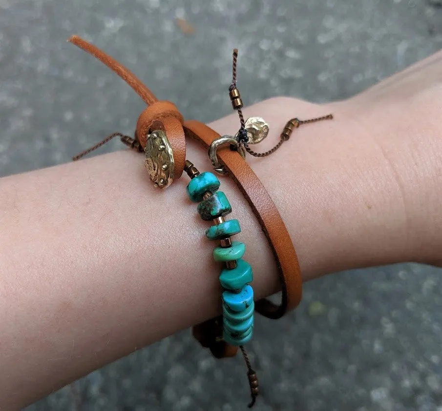 Boho Natural Turquoise Light Brown Leather Wrap Bracelet