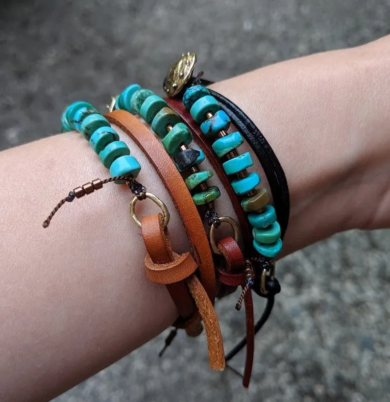 Boho Natural Turquoise Light Brown Leather Wrap Bracelet