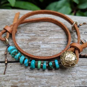 Boho Natural Turquoise Light Brown Leather Wrap Bracelet